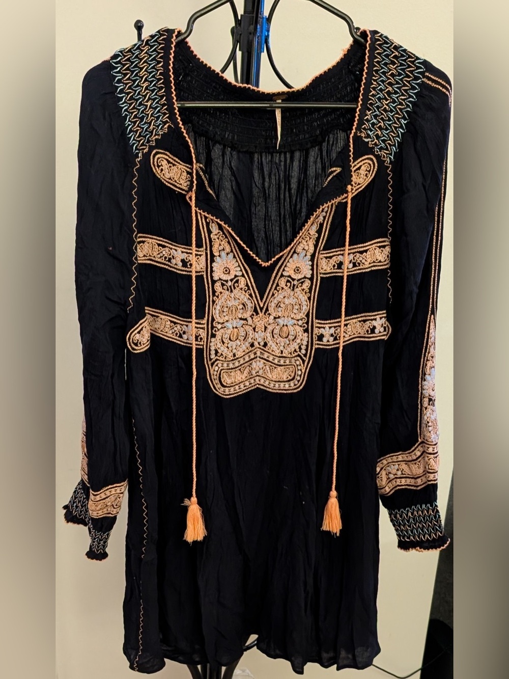 Free People Black Blouse with Peach Embroidery Top Size Small